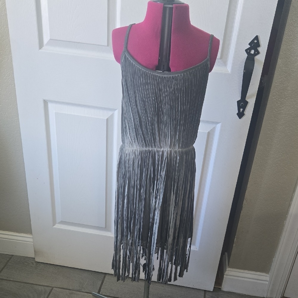 Pol Grey Fringe Flapper Mini Dress Sleeveless Lace Trim Adjustable Straps Small